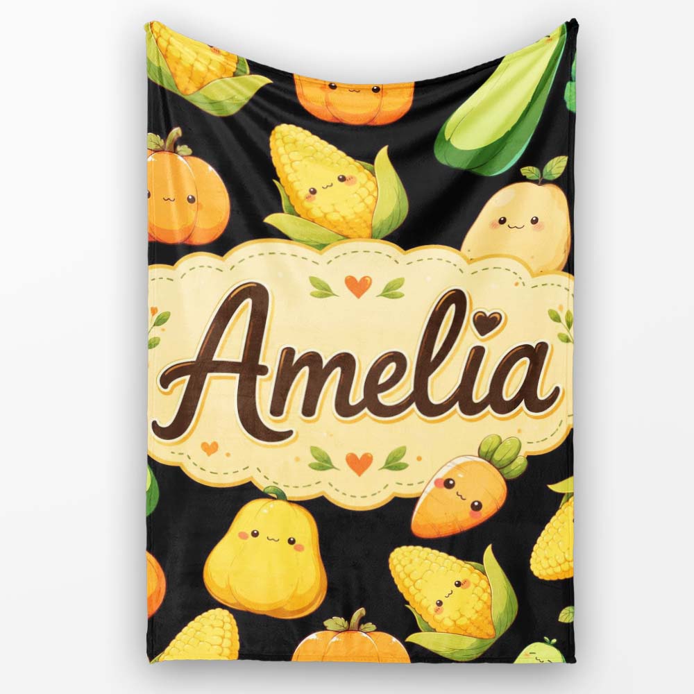 Cute Kawaii Autumn Vegetables Corn Pumpkin Carrot Black Seamless  Personalised Custom Name Super Soft Fleece Blanket Bed Sofa Throw