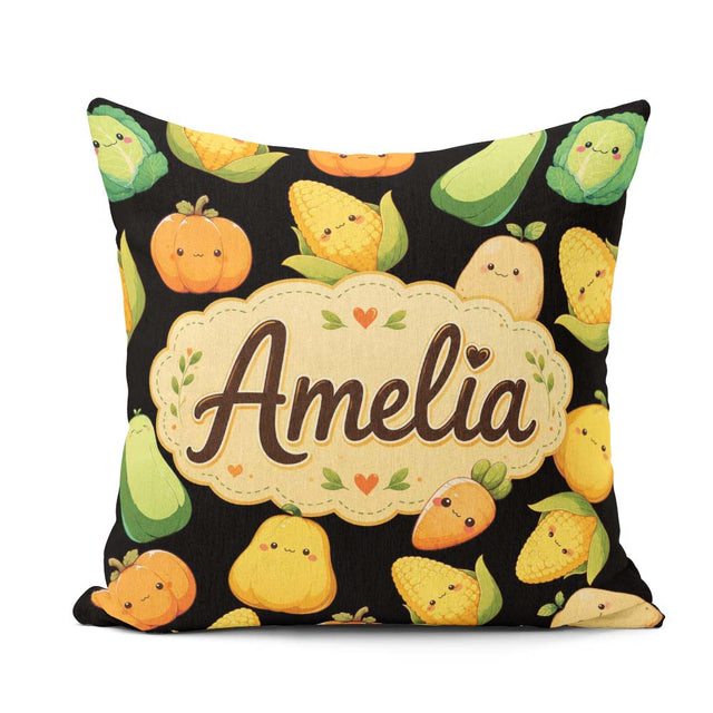 Custom Name Kawaii Autumn Vegetables Corn Pumpkin Black Seamless Square Filled Cushion Throw Pillow Sofa Bed Home Decor Zip Washable UK Made