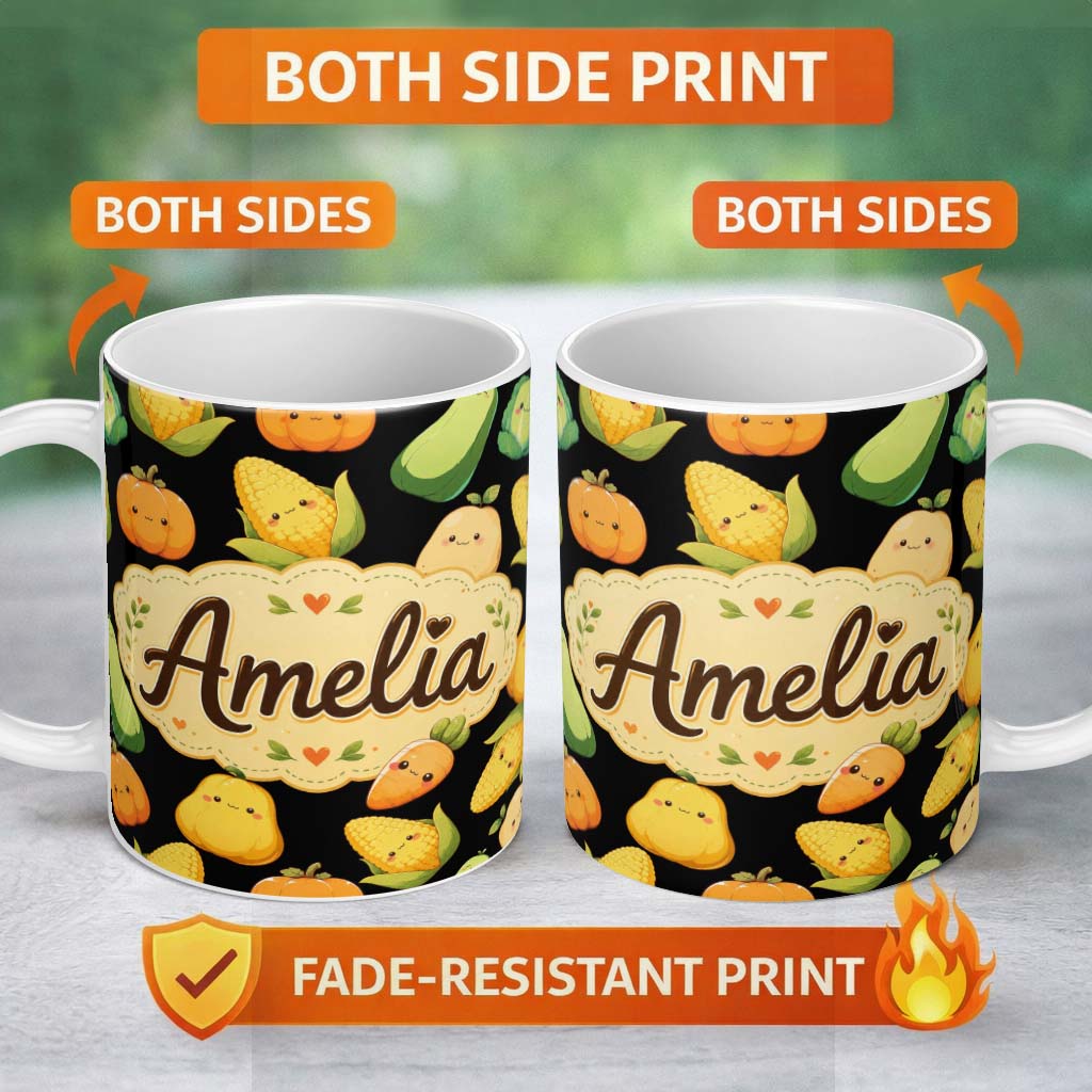 Personalized Custom Name Cute Kawaii Autumn Vegetables Corn Pumpkin Carrot Black Seamless 11oz Ceramic Coffee Tea Mug White Large Handle