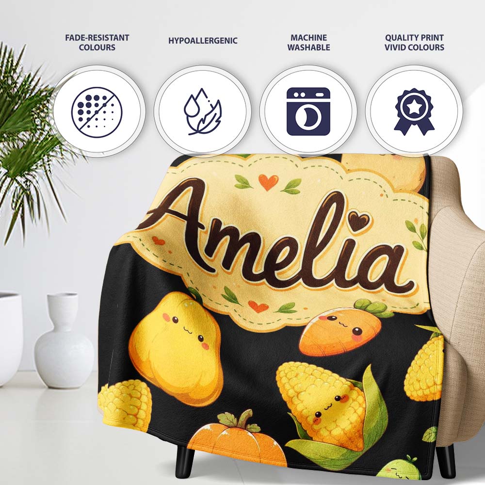 Cute Kawaii Autumn Vegetables Corn Pumpkin Carrot Black Seamless  Personalised Custom Name Super Soft Fleece Blanket Bed Sofa Throw
