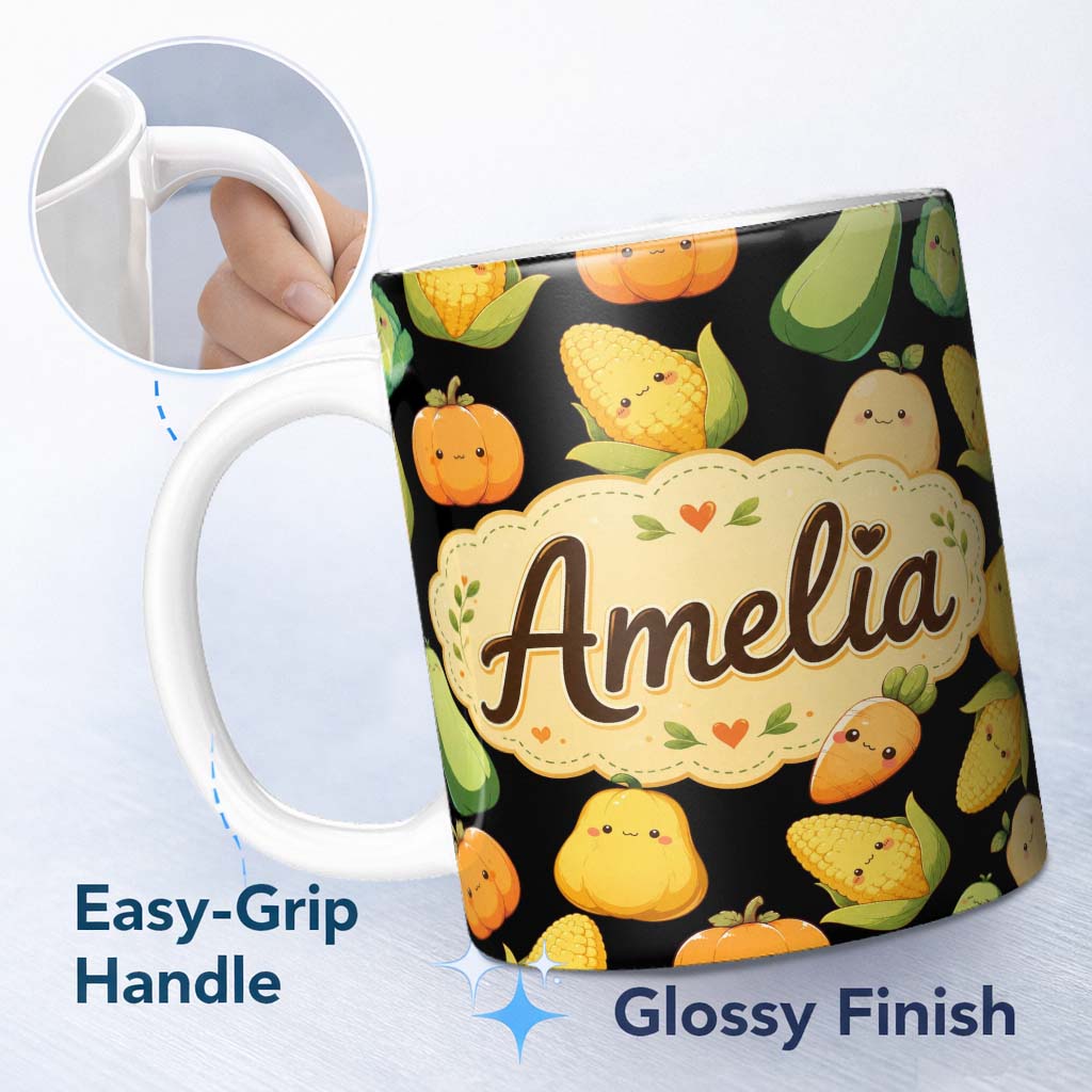 Personalized Custom Name Cute Kawaii Autumn Vegetables Corn Pumpkin Carrot Black Seamless 11oz Ceramic Coffee Tea Mug White Large Handle