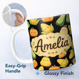 Personalized Custom Name Cute Kawaii Autumn Vegetables Corn Pumpkin Carrot Black Seamless 11oz Ceramic Coffee Tea Mug White Large Handle