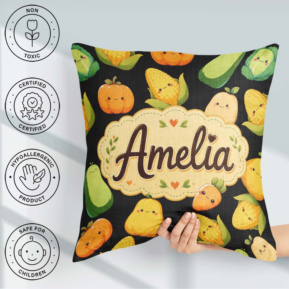 Custom Name Kawaii Autumn Vegetables Corn Pumpkin Black Seamless Square Filled Cushion Throw Pillow Sofa Bed Home Decor Zip Washable UK Made