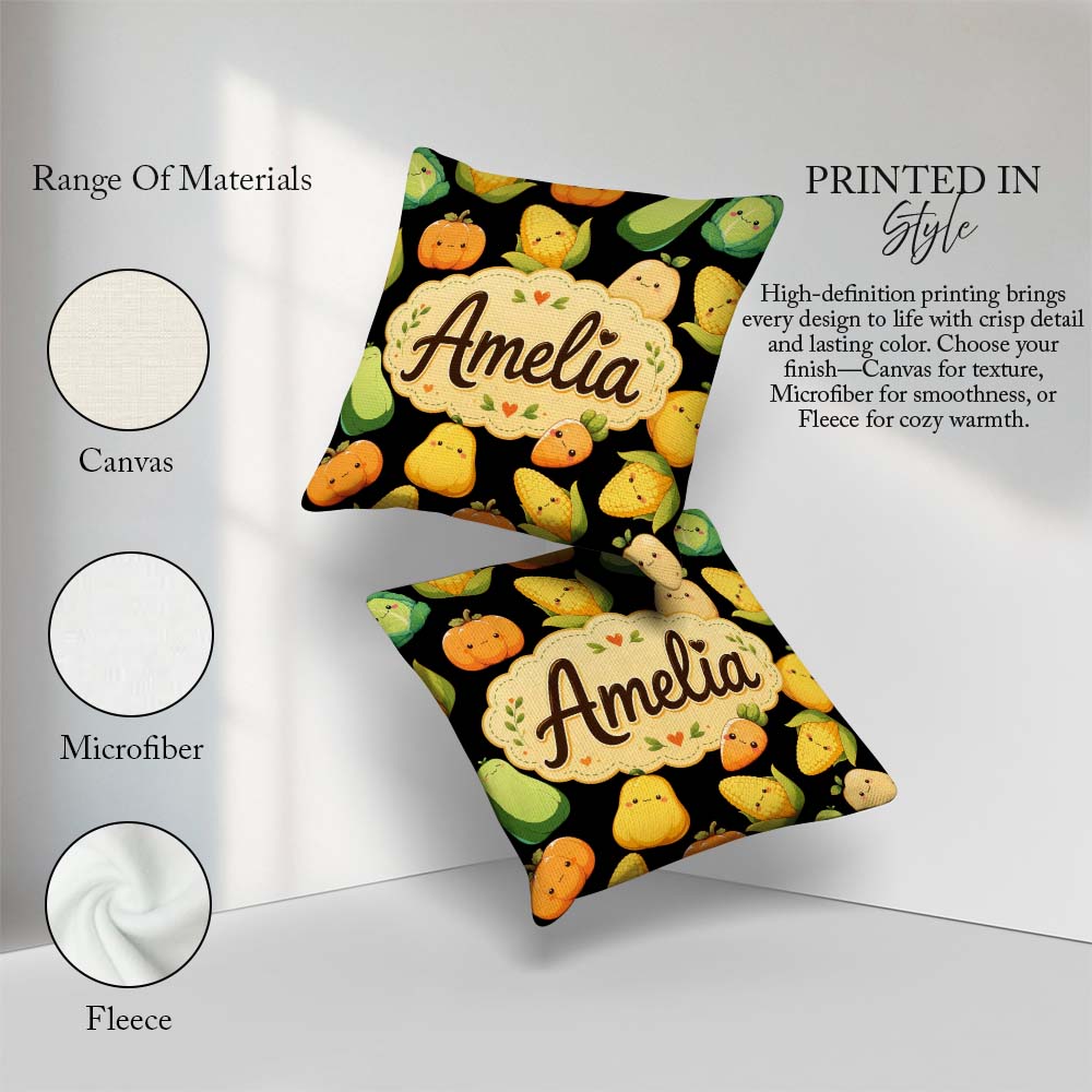 Custom Name Kawaii Autumn Vegetables Corn Pumpkin Black Seamless Square Filled Cushion Throw Pillow Sofa Bed Home Decor Zip Washable UK Made