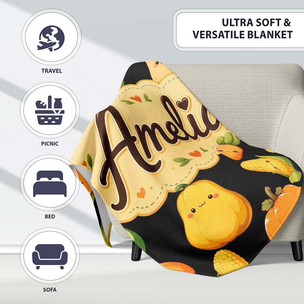 Cute Kawaii Autumn Vegetables Corn Pumpkin Carrot Black Seamless  Personalised Custom Name Super Soft Fleece Blanket Bed Sofa Throw