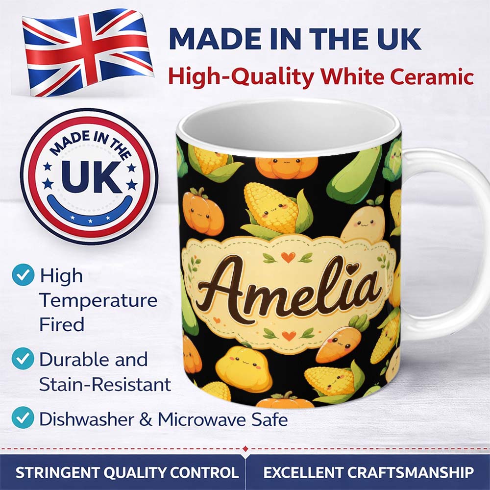 Personalized Custom Name Cute Kawaii Autumn Vegetables Corn Pumpkin Carrot Black Seamless 11oz Ceramic Coffee Tea Mug White Large Handle