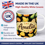 Personalized Custom Name Cute Kawaii Autumn Vegetables Corn Pumpkin Carrot Black Seamless 11oz Ceramic Coffee Tea Mug White Large Handle