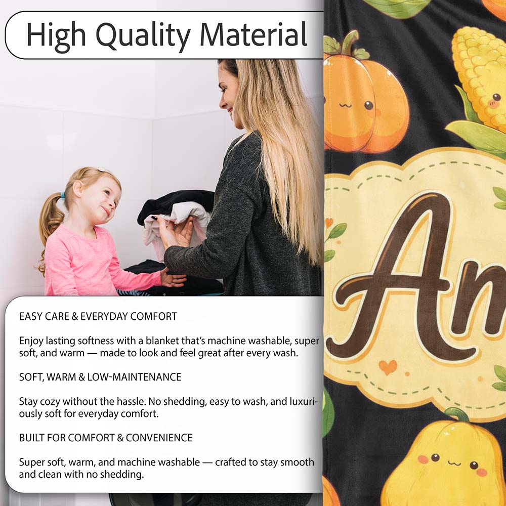 Cute Kawaii Autumn Vegetables Corn Pumpkin Carrot Black Seamless  Personalised Custom Name Super Soft Fleece Blanket Bed Sofa Throw