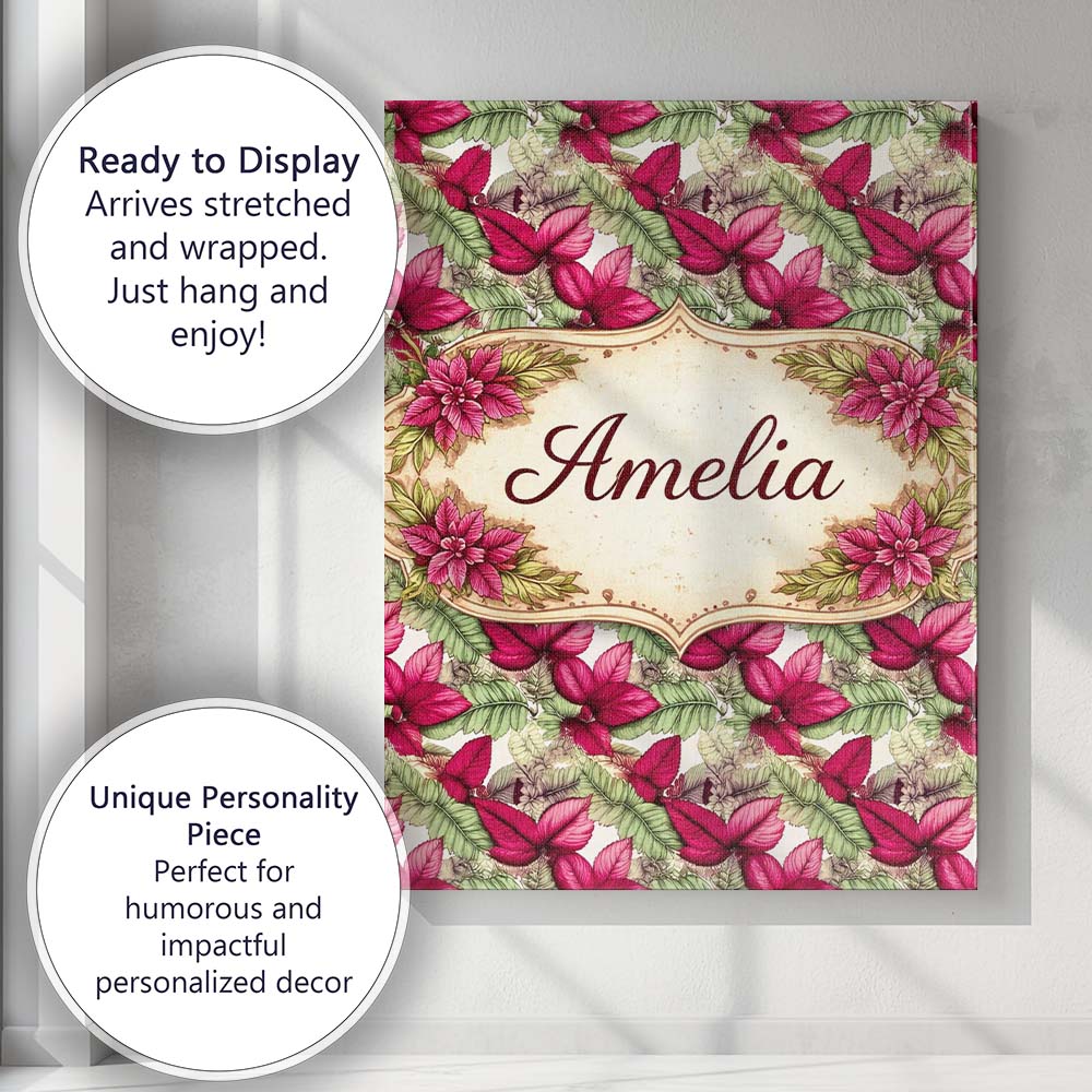 Personalised Name Bold Red Green Tropical Leaves Seamless Pattern Custom  Bespoke Canvas Wall Art Print Decor Picture Ready to Hang