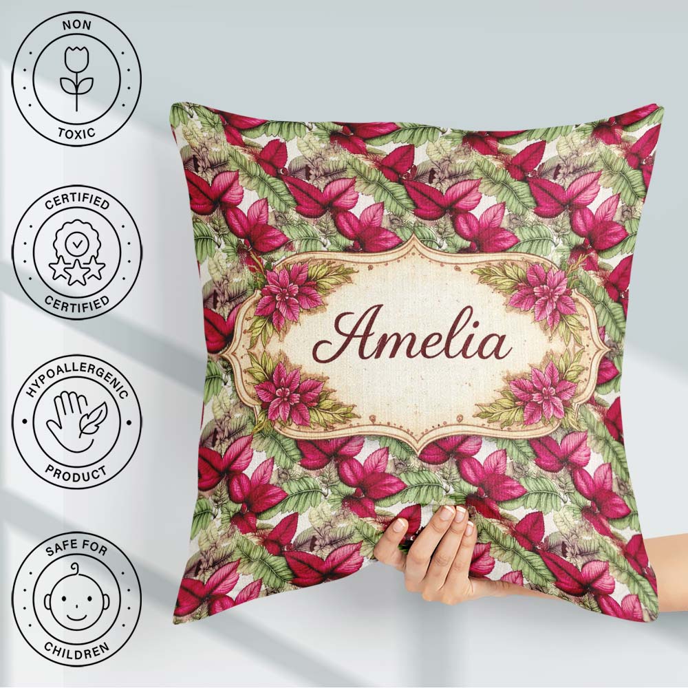 Custom Name Bold Red Green Tropical Leaves Seamless Pattern Cup Square Filled Cushion Throw Pillow Sofa Bed Home Decor Zip Washable UK Made