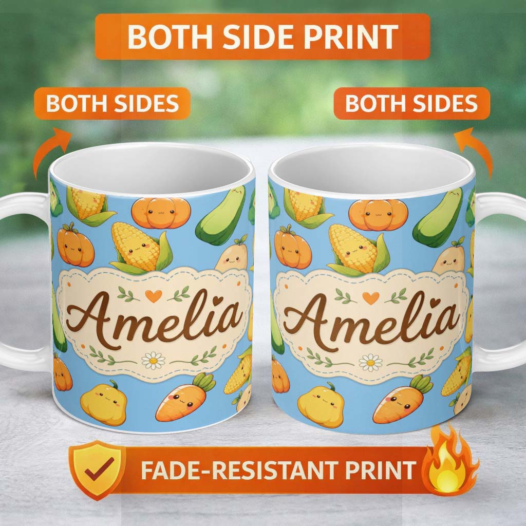 Personalized Custom Name Cute Kawaii Autumn Vegetables Corn Pumpkin Carrot Sky Seamless 11oz Ceramic Coffee Tea Mug White Large Handle