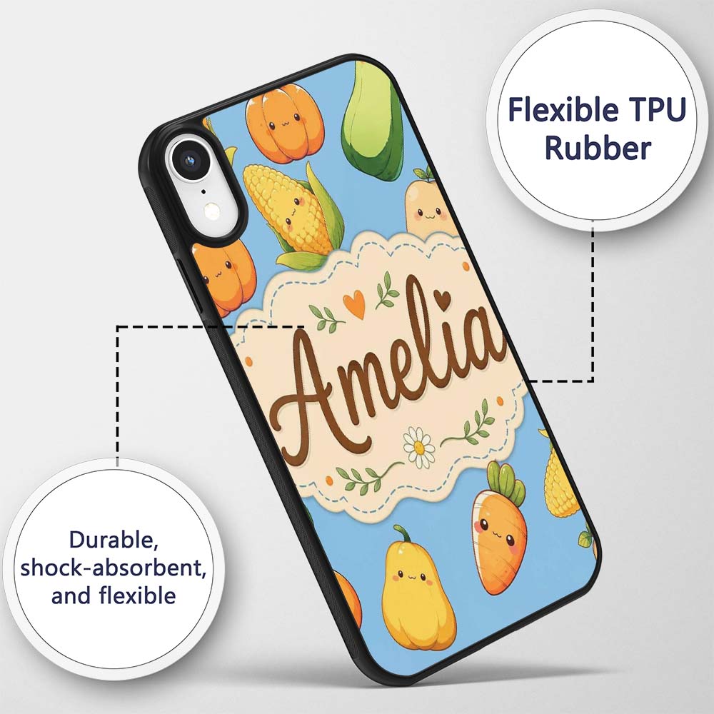 Cute Kawaii Autumn Vegetables Corn Pumpkin Carrot Custom Name Protective Phone Case Mobile Cover Durable Everyday Smartphone Shock Resistant