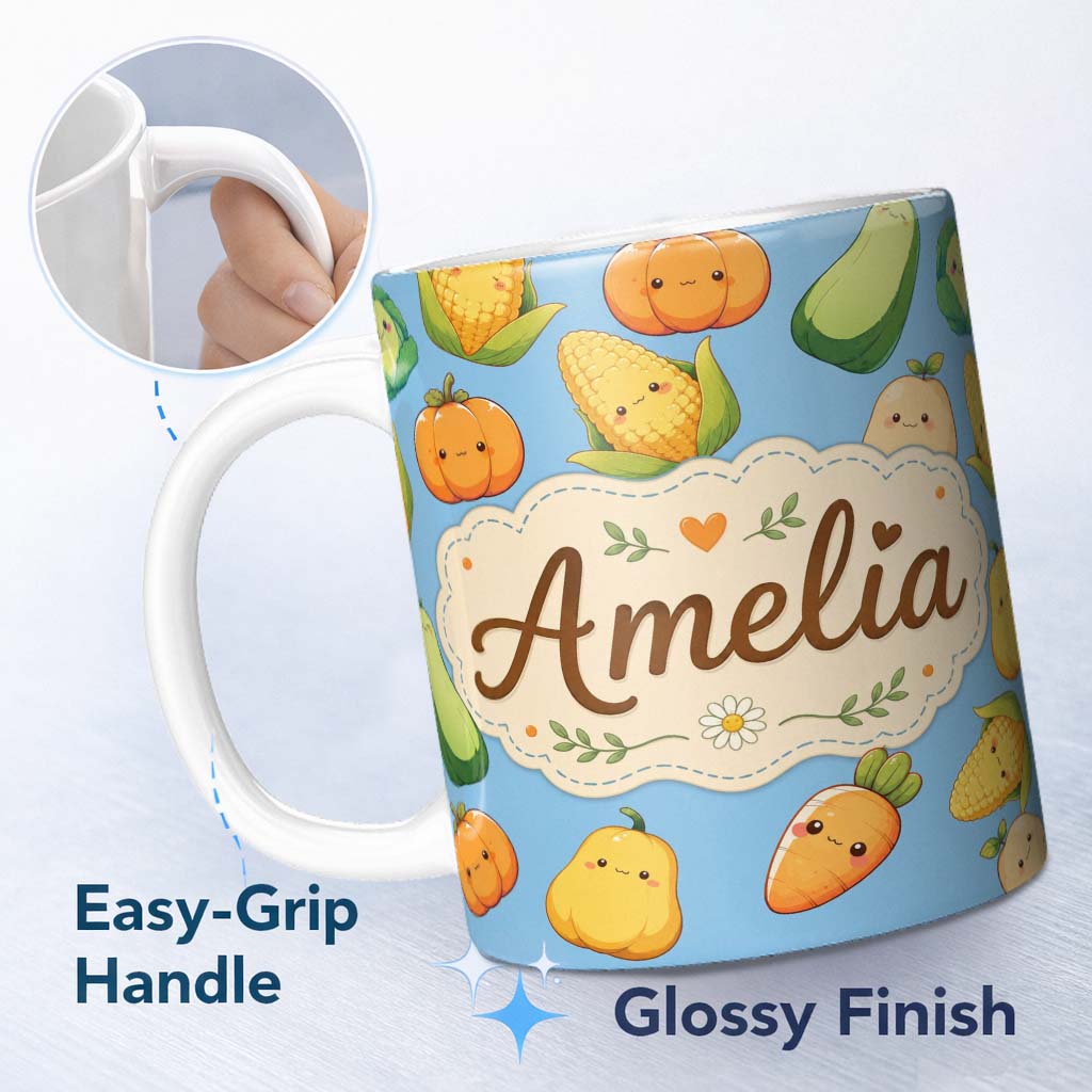 Personalized Custom Name Cute Kawaii Autumn Vegetables Corn Pumpkin Carrot Sky Seamless 11oz Ceramic Coffee Tea Mug White Large Handle