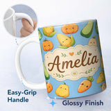 Personalized Custom Name Cute Kawaii Autumn Vegetables Corn Pumpkin Carrot Sky Seamless 11oz Ceramic Coffee Tea Mug White Large Handle