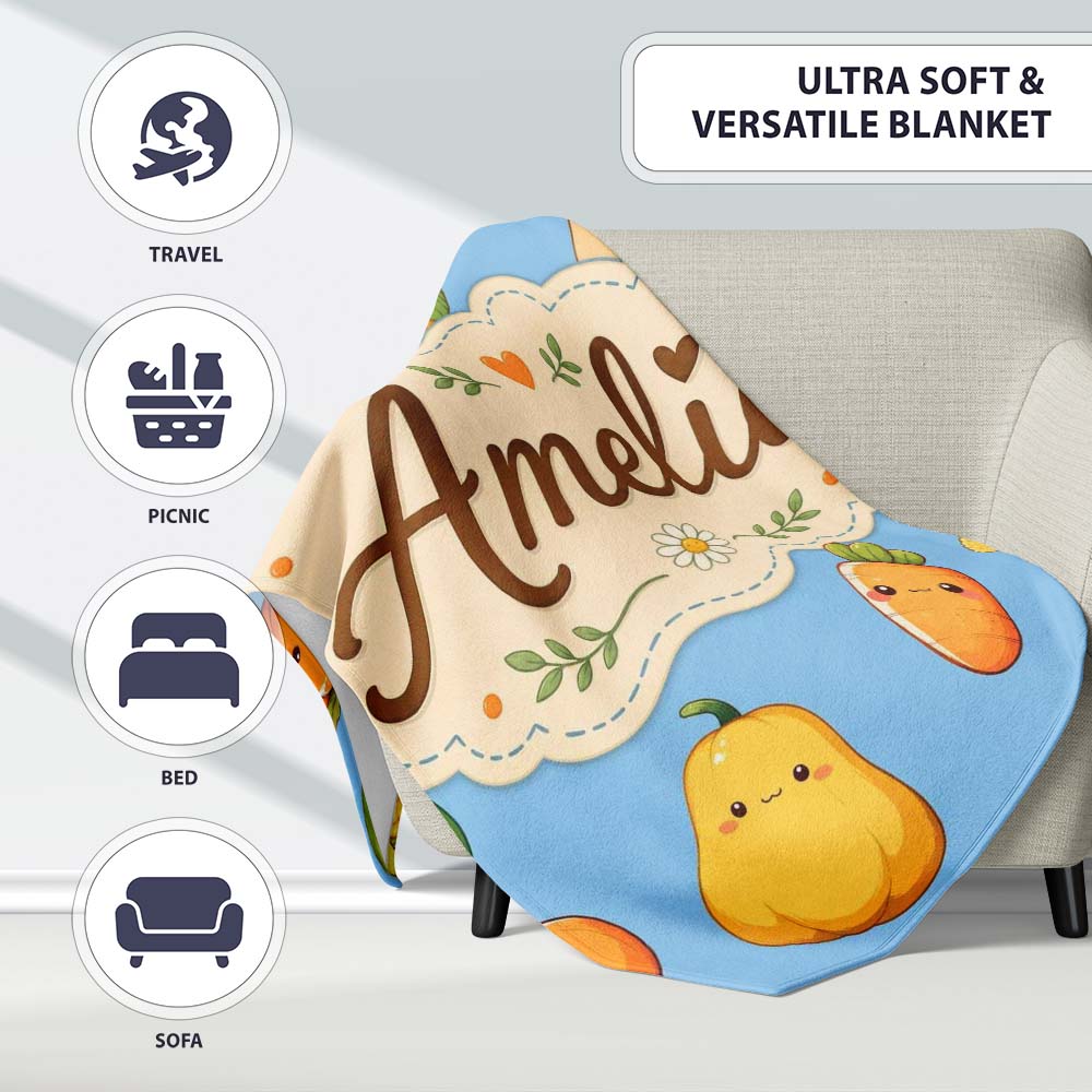 Cute Kawaii Autumn Vegetables Corn Pumpkin Carrot Sky Seamless  Personalised Custom Name Super Soft Fleece Blanket Bed Sofa Throw