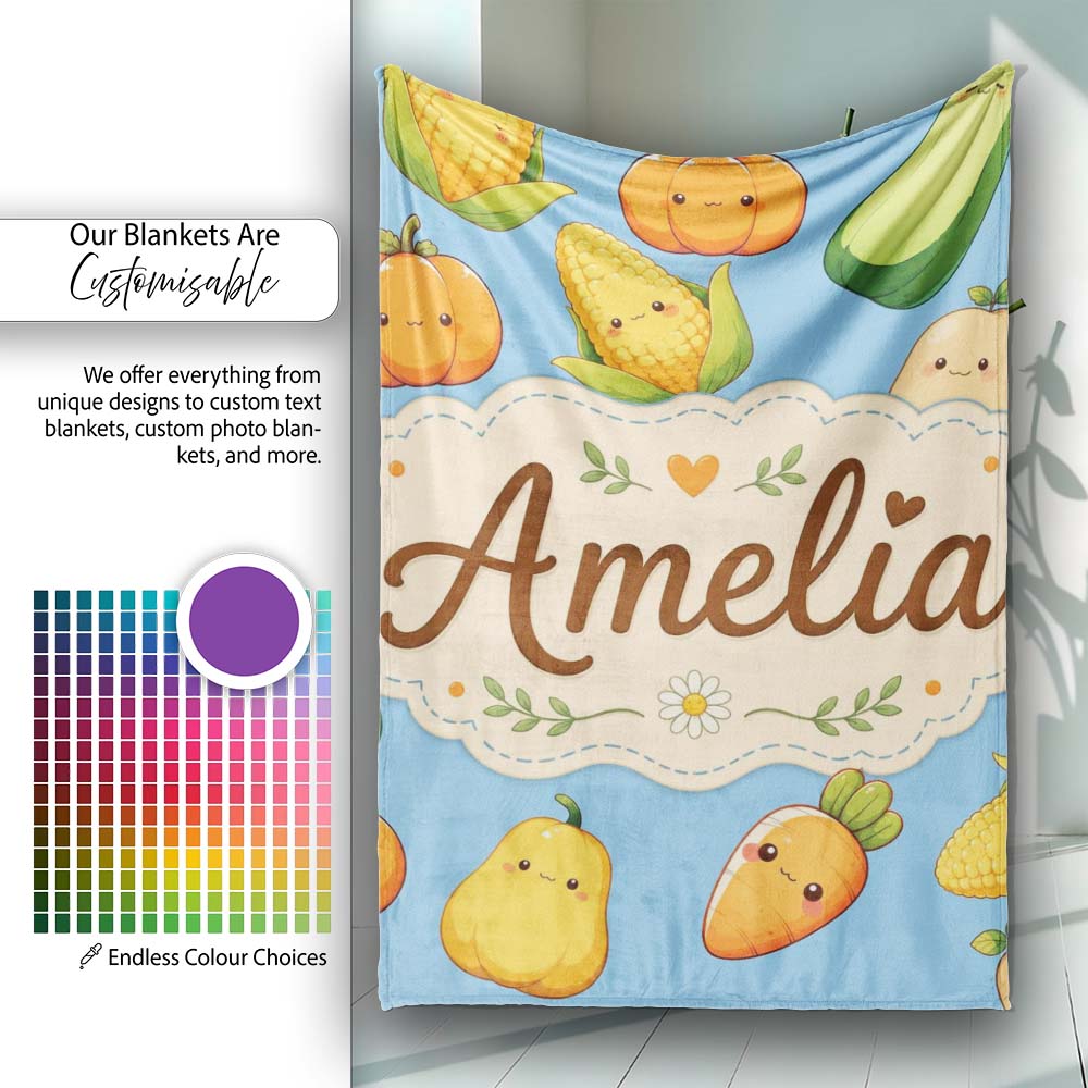 Cute Kawaii Autumn Vegetables Corn Pumpkin Carrot Sky Seamless  Personalised Custom Name Super Soft Fleece Blanket Bed Sofa Throw