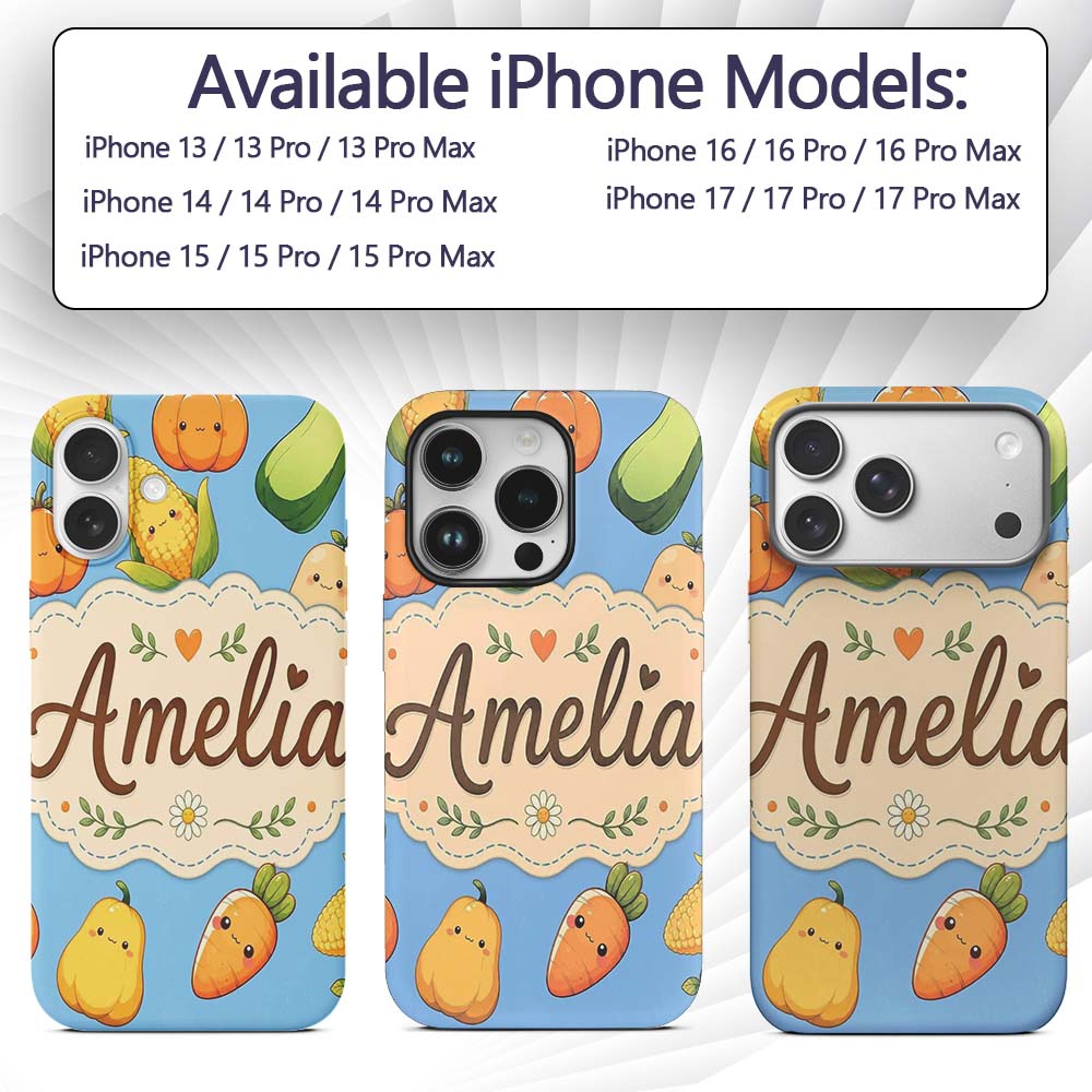 Cute Kawaii Autumn Vegetables Corn Pumpkin Carrot Custom Name Protective Phone Case Mobile Cover Durable Everyday Smartphone Shock Resistant