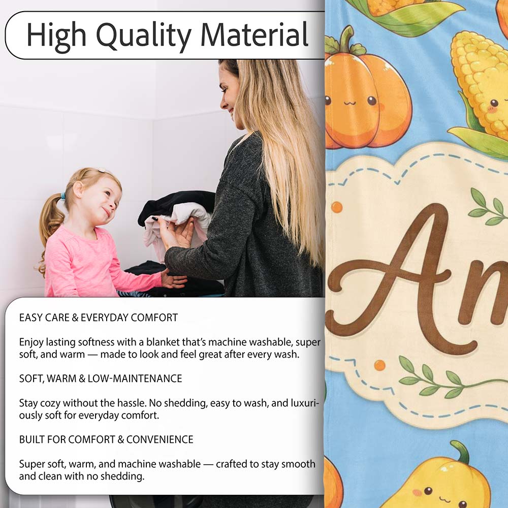 Cute Kawaii Autumn Vegetables Corn Pumpkin Carrot Sky Seamless  Personalised Custom Name Super Soft Fleece Blanket Bed Sofa Throw