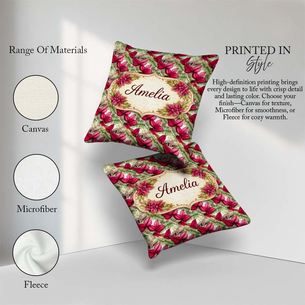 Custom Name Bold Red Green Tropical Leaves Seamless Pattern Cup Square Filled Cushion Throw Pillow Sofa Bed Home Decor Zip Washable UK Made