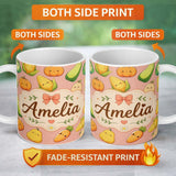 Personalized Custom Name Cute Kawaii Autumn Vegetables Corn Pumpkin Carrot Peach Seamless 11oz Ceramic Coffee Tea Mug White Large Handle
