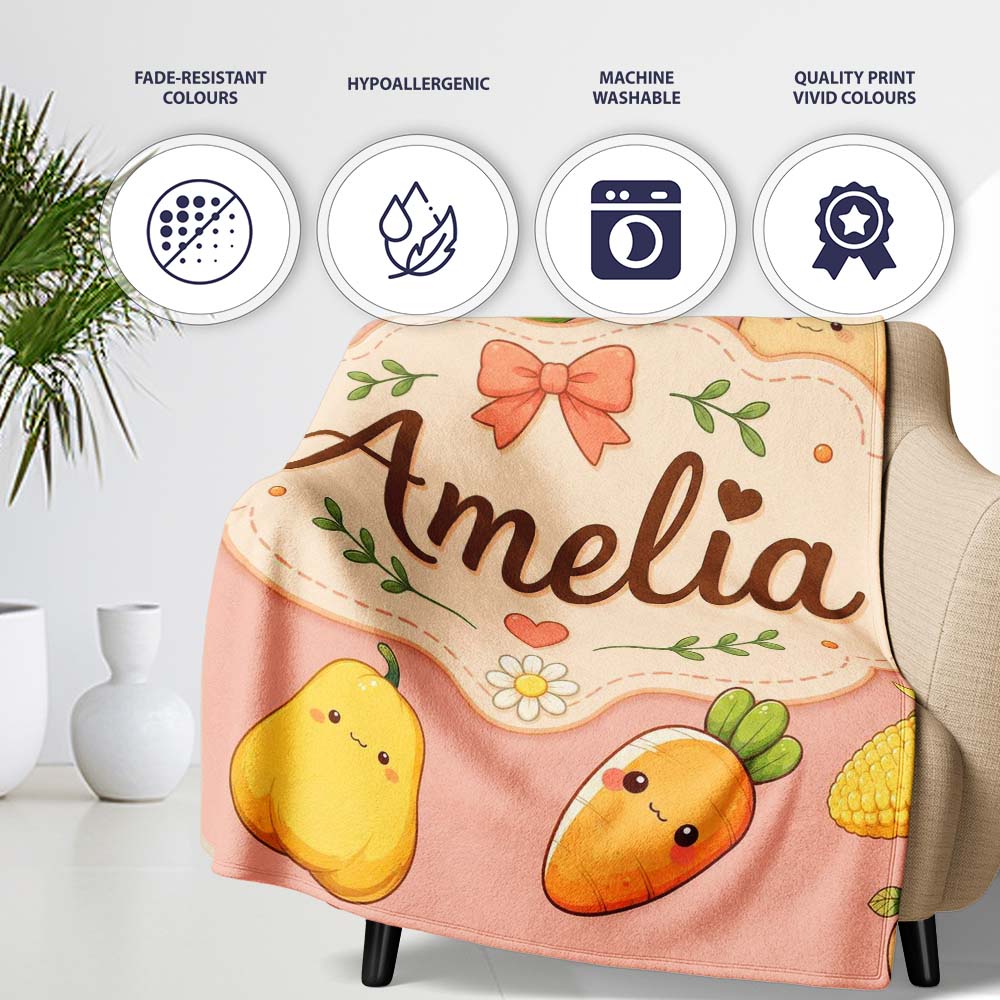 Cute Kawaii Autumn Vegetables Corn Pumpkin Carrot Peach Seamless  Personalised Custom Name Super Soft Fleece Blanket Bed Sofa Throw