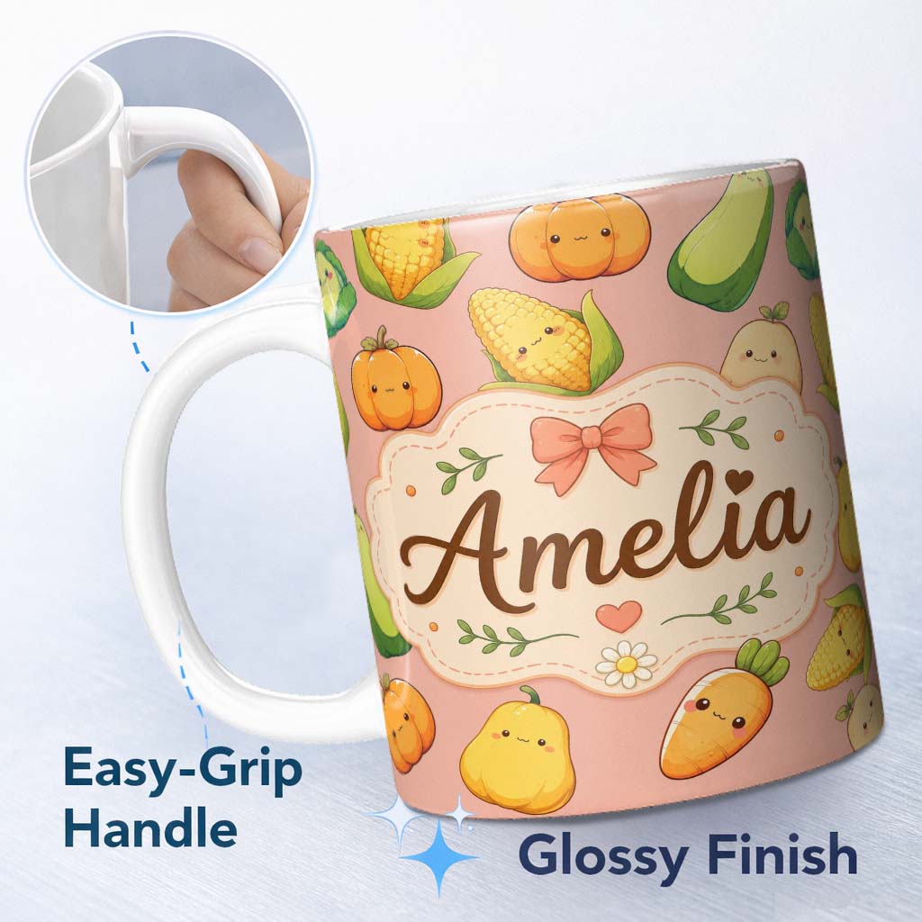 Personalized Custom Name Cute Kawaii Autumn Vegetables Corn Pumpkin Carrot Peach Seamless 11oz Ceramic Coffee Tea Mug White Large Handle