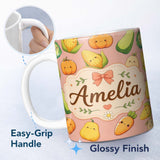 Personalized Custom Name Cute Kawaii Autumn Vegetables Corn Pumpkin Carrot Peach Seamless 11oz Ceramic Coffee Tea Mug White Large Handle