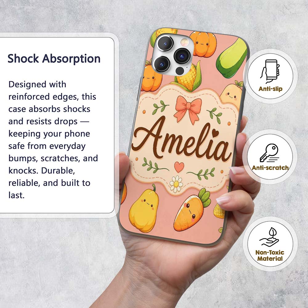 Cute Kawaii Autumn Vegetables Corn Pumpkin Carrot Custom Name Protective Phone Case Mobile Cover Durable Everyday Smartphone Shock Resistant