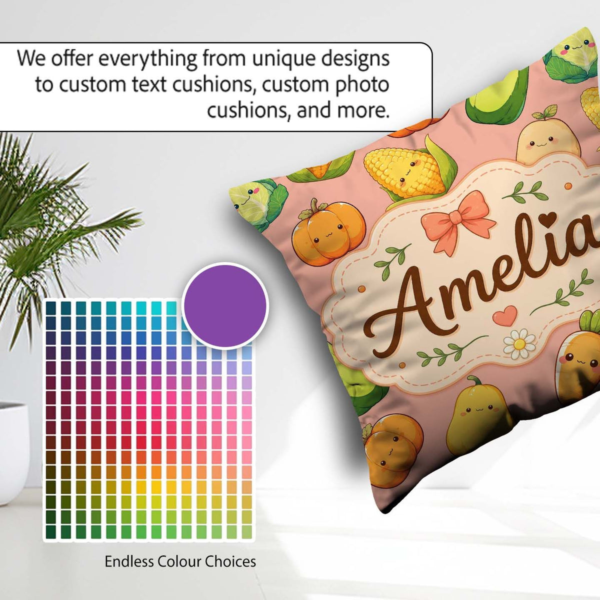 Custom Name Kawaii Autumn Vegetables Corn Pumpkin Peach Seamless Square Filled Cushion Throw Pillow Sofa Bed Home Decor Zip Washable UK Made