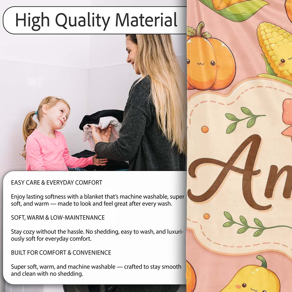 Cute Kawaii Autumn Vegetables Corn Pumpkin Carrot Peach Seamless  Personalised Custom Name Super Soft Fleece Blanket Bed Sofa Throw
