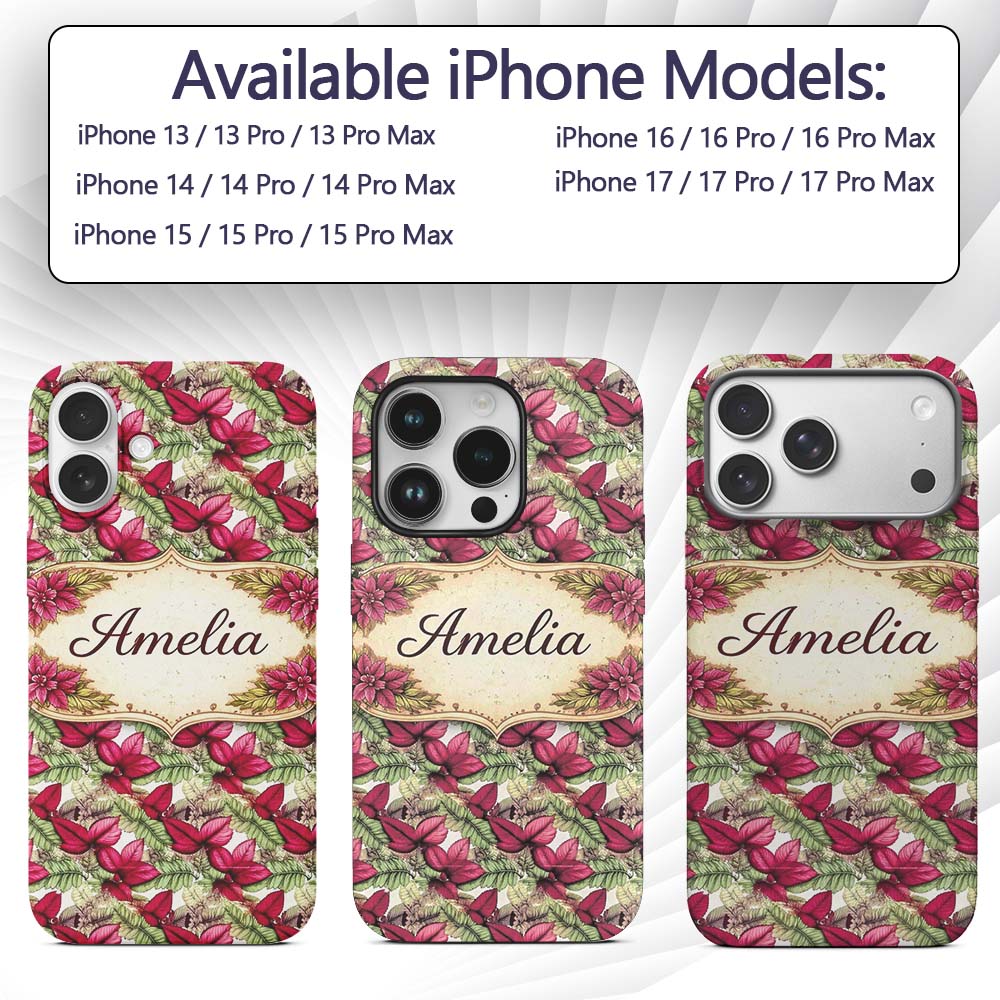 Bold Red Green Tropical Leaves Seamless Pattern Custom Name Protective Phone Case Mobile Cover Durable Everyday Smartphone Shock Resistant