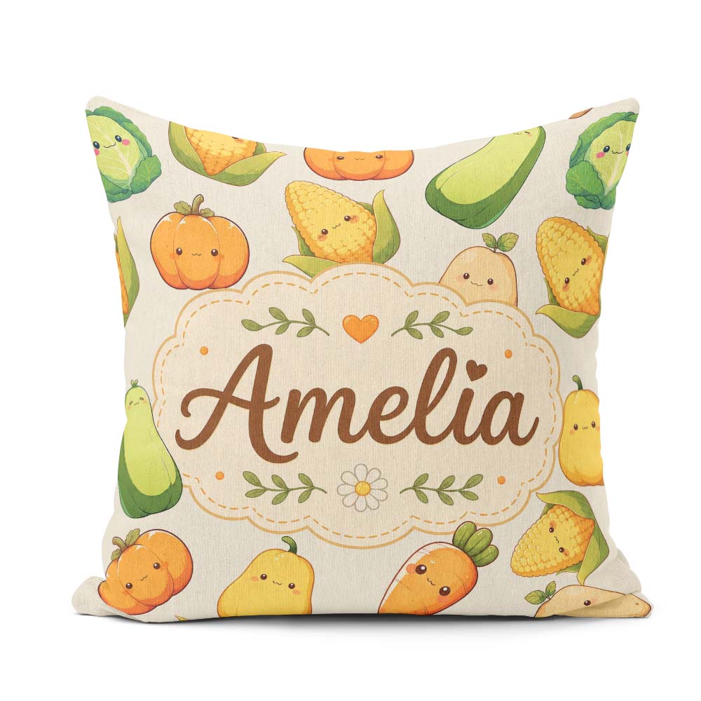 Custom Name Kawaii Autumn Vegetables Corn Pumpkin Beige Seamless Square Filled Cushion Throw Pillow Sofa Bed Home Decor Zip Washable UK Made