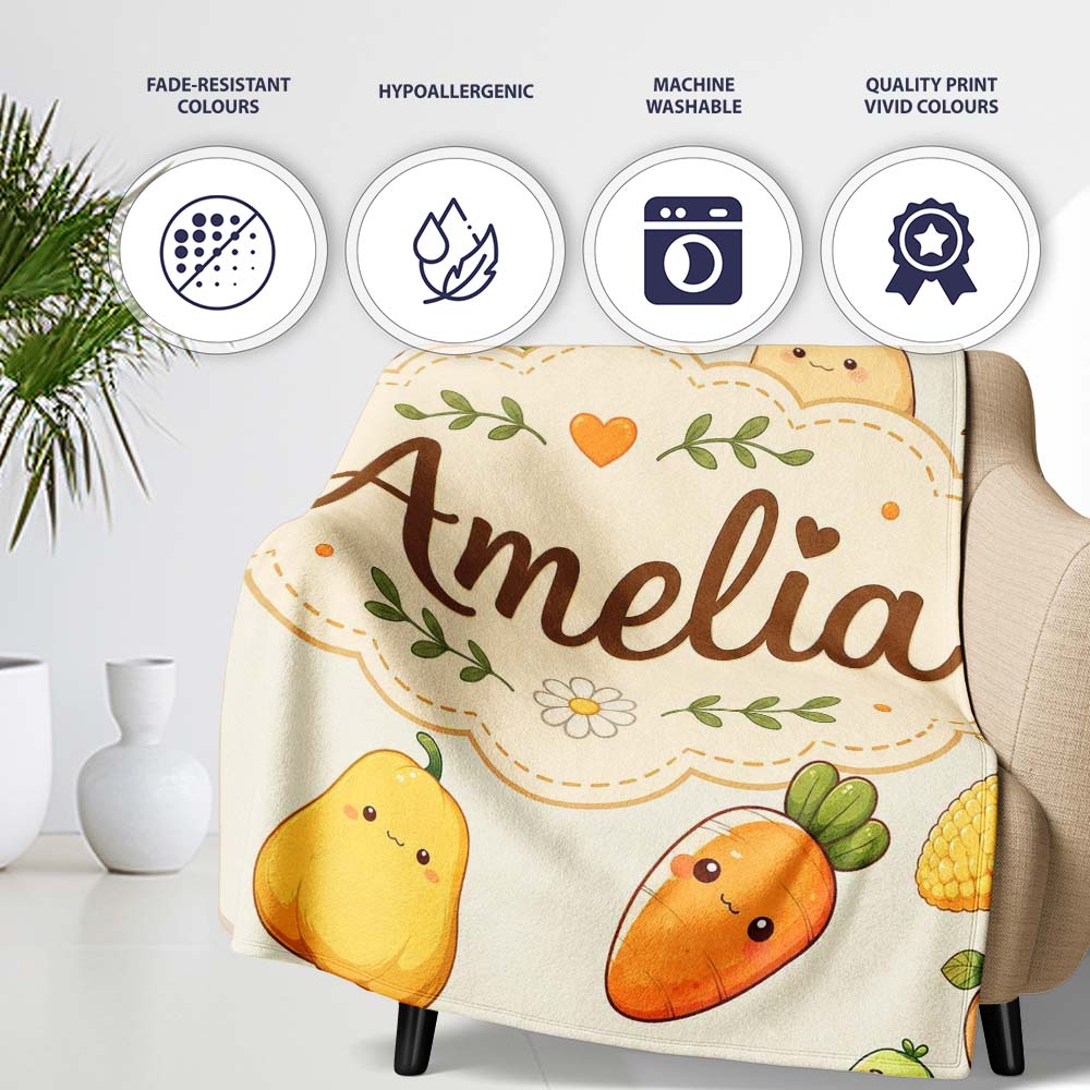 Cute Kawaii Autumn Vegetables Corn Pumpkin Carrot Beige Seamless  Personalised Custom Name Super Soft Fleece Blanket Bed Sofa Throw