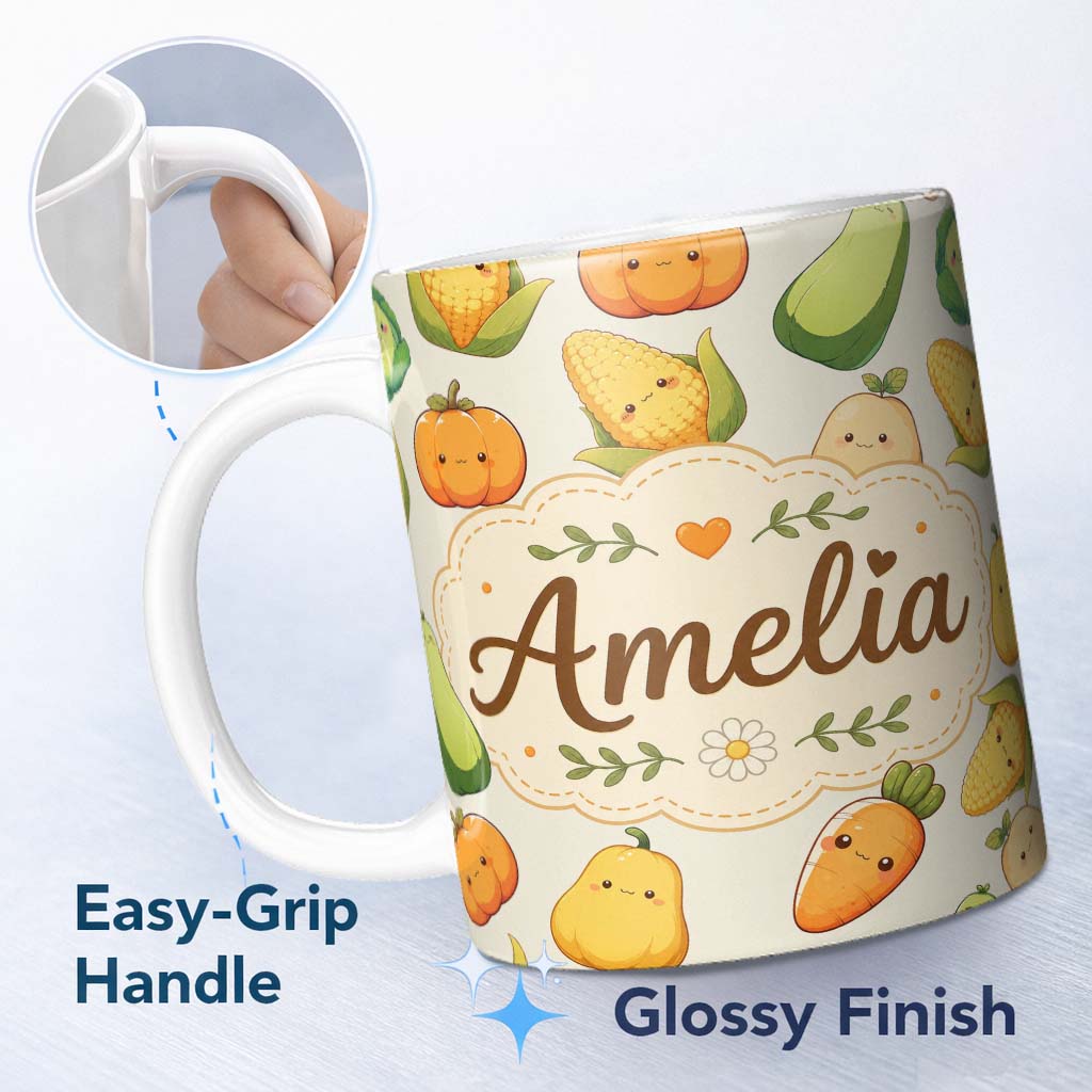 Personalized Custom Name Cute Kawaii Autumn Vegetables Corn Pumpkin Carrot Beige Seamless 11oz Ceramic Coffee Tea Mug White Large Handle