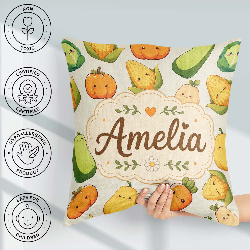 Custom Name Kawaii Autumn Vegetables Corn Pumpkin Beige Seamless Square Filled Cushion Throw Pillow Sofa Bed Home Decor Zip Washable UK Made