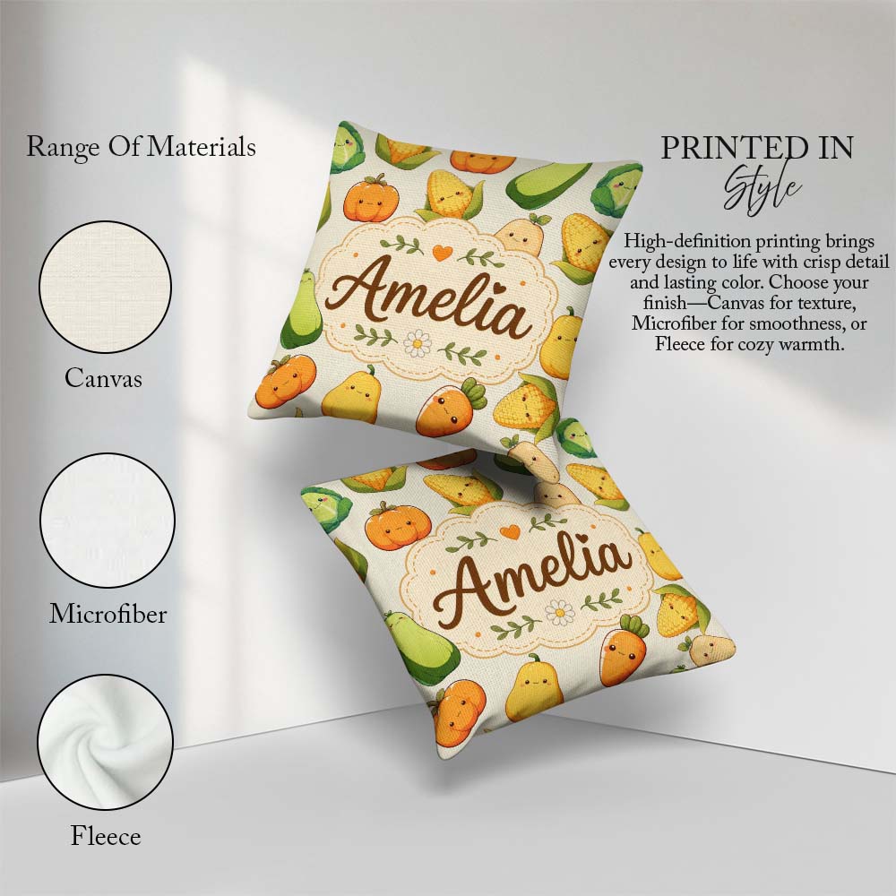 Custom Name Kawaii Autumn Vegetables Corn Pumpkin Beige Seamless Square Filled Cushion Throw Pillow Sofa Bed Home Decor Zip Washable UK Made
