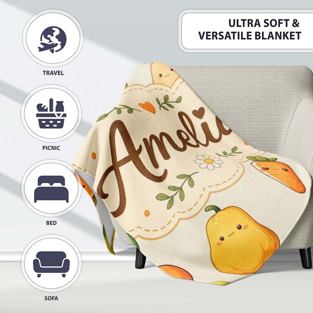 Cute Kawaii Autumn Vegetables Corn Pumpkin Carrot Beige Seamless  Personalised Custom Name Super Soft Fleece Blanket Bed Sofa Throw