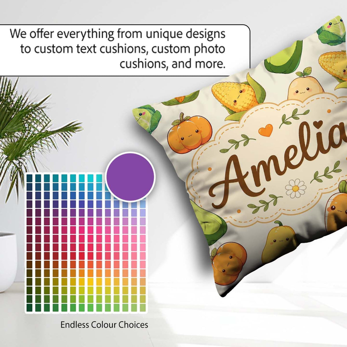 Custom Name Kawaii Autumn Vegetables Corn Pumpkin Beige Seamless Square Filled Cushion Throw Pillow Sofa Bed Home Decor Zip Washable UK Made