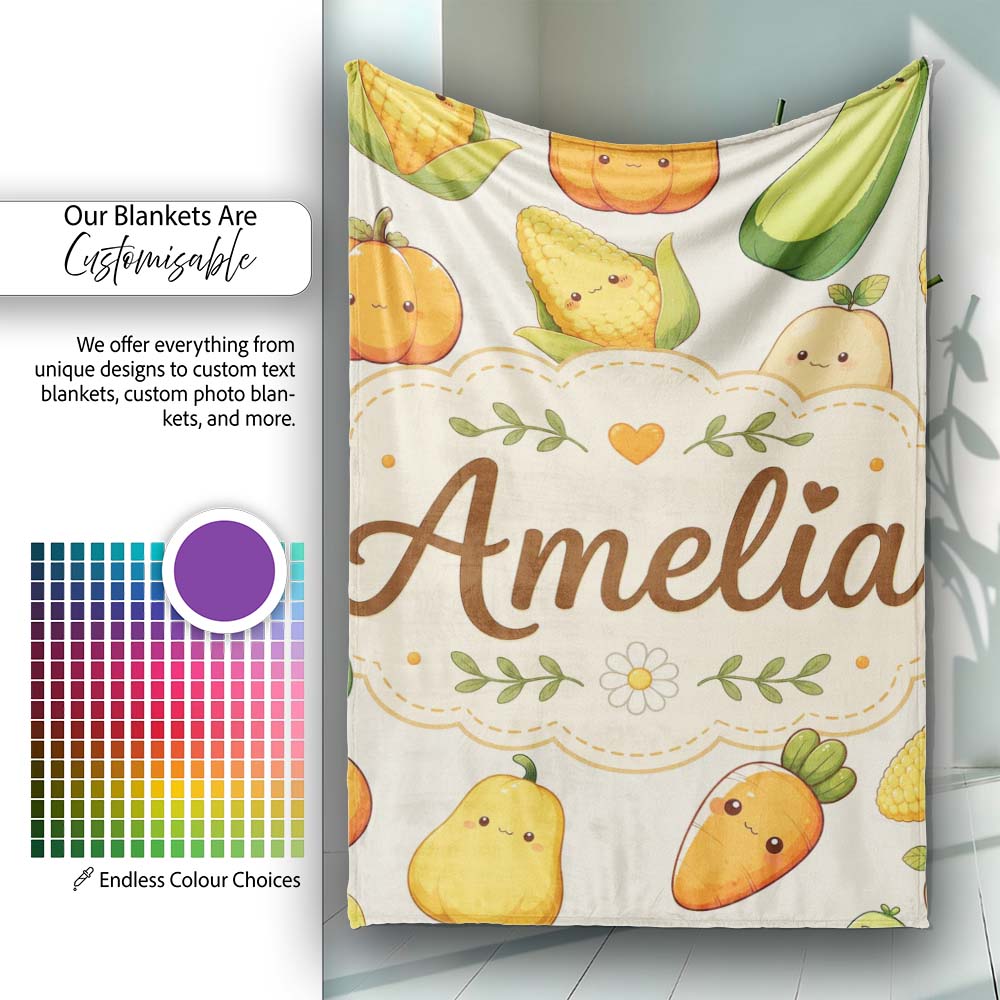 Cute Kawaii Autumn Vegetables Corn Pumpkin Carrot Beige Seamless  Personalised Custom Name Super Soft Fleece Blanket Bed Sofa Throw