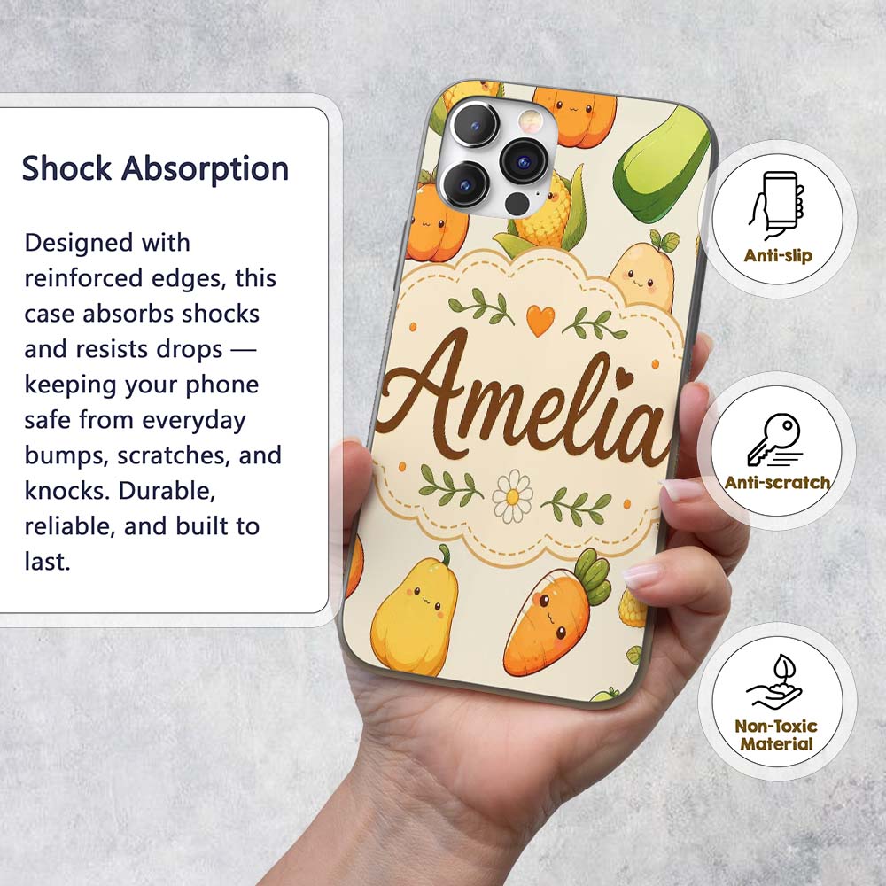 Cute Kawaii Autumn Vegetables Corn Pumpkin Carrot Custom Name Protective Phone Case Mobile Cover Durable Everyday Smartphone Shock Resistant