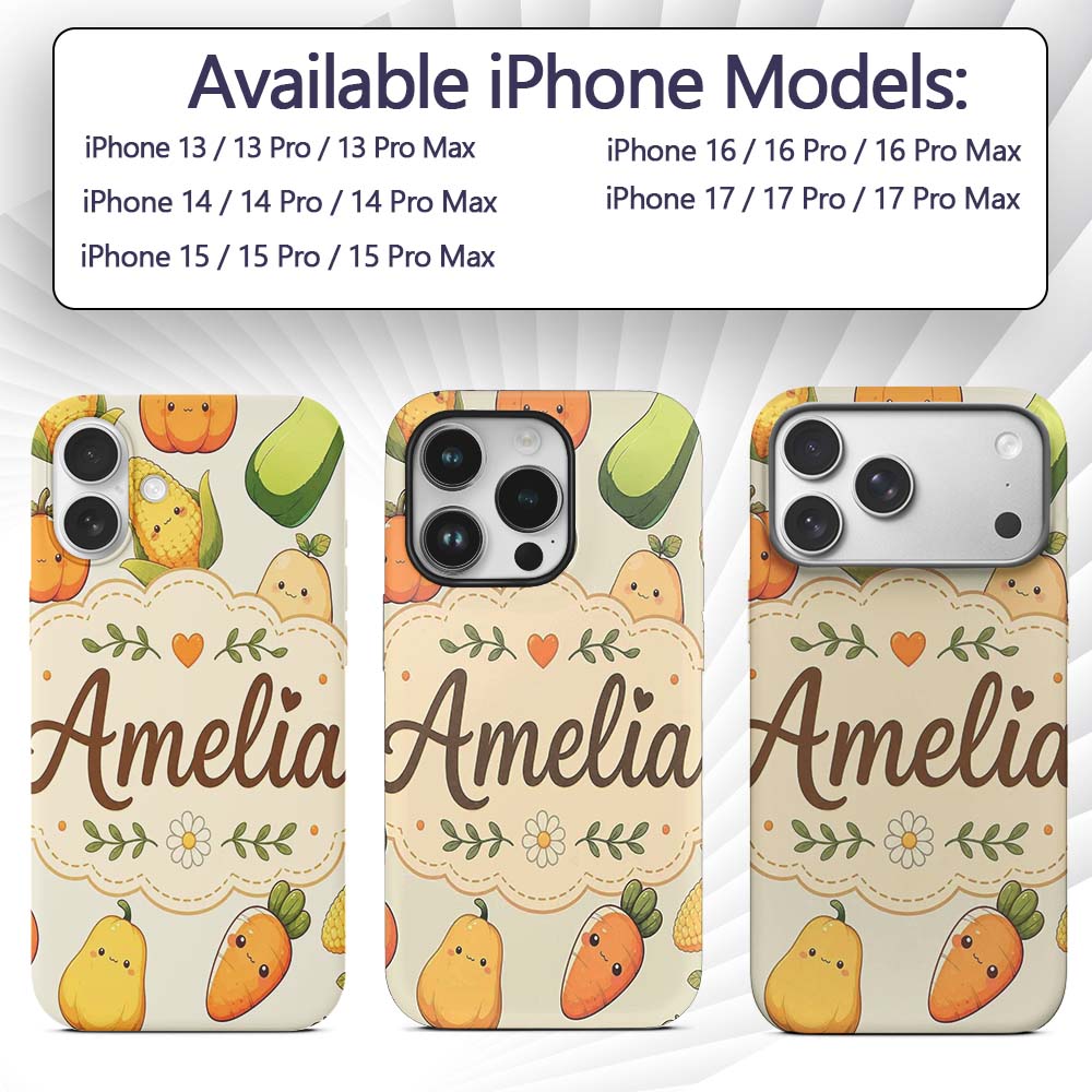 Cute Kawaii Autumn Vegetables Corn Pumpkin Carrot Custom Name Protective Phone Case Mobile Cover Durable Everyday Smartphone Shock Resistant