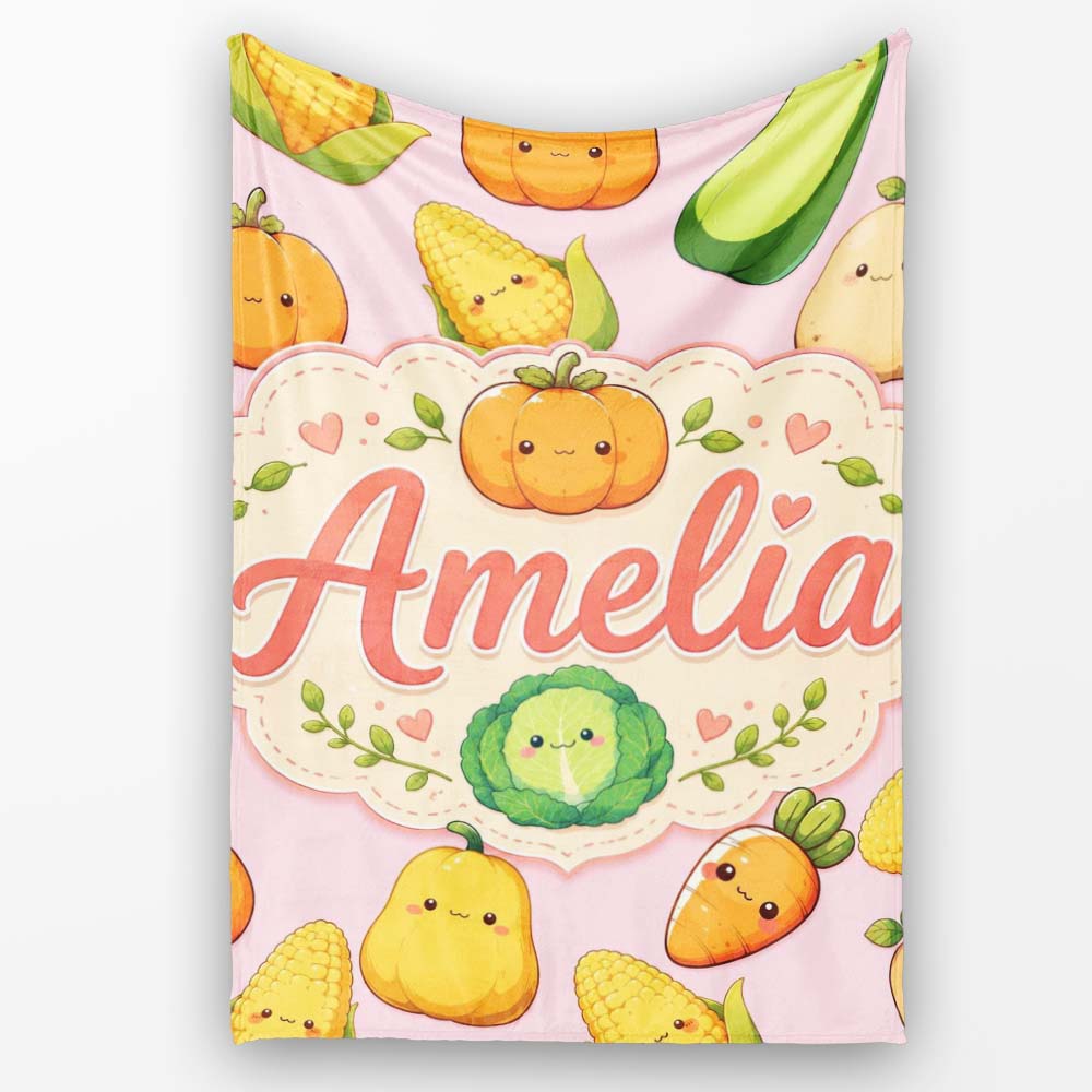 Cute Kawaii Autumn Vegetables Corn Pumpkin Carrot Pink Seamless  Personalised Custom Name Super Soft Fleece Blanket Bed Sofa Throw