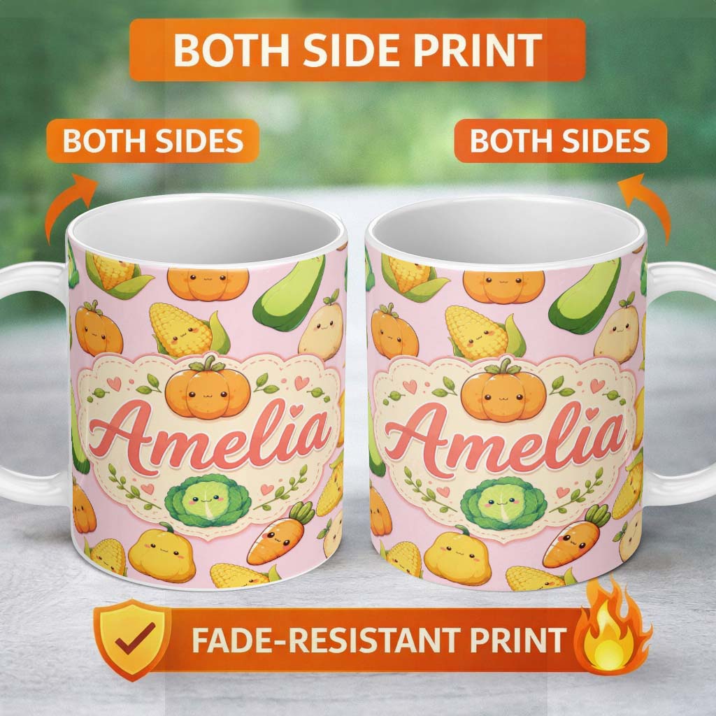 Personalized Custom Name Cute Kawaii Autumn Vegetables Corn Pumpkin Carrot Pink Seamless 11oz Ceramic Coffee Tea Mug White Large Handle