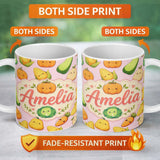 Personalized Custom Name Cute Kawaii Autumn Vegetables Corn Pumpkin Carrot Pink Seamless 11oz Ceramic Coffee Tea Mug White Large Handle