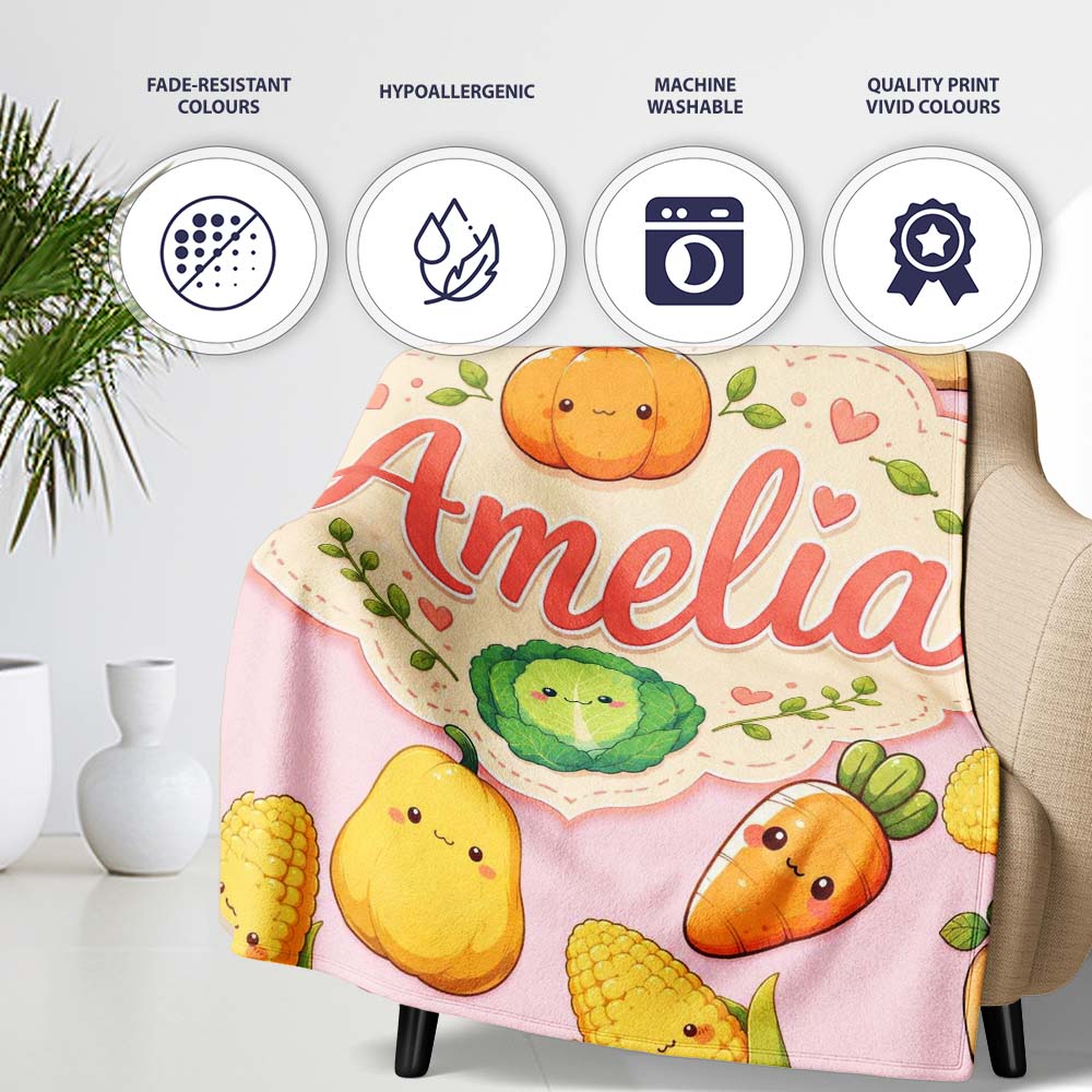 Cute Kawaii Autumn Vegetables Corn Pumpkin Carrot Pink Seamless  Personalised Custom Name Super Soft Fleece Blanket Bed Sofa Throw