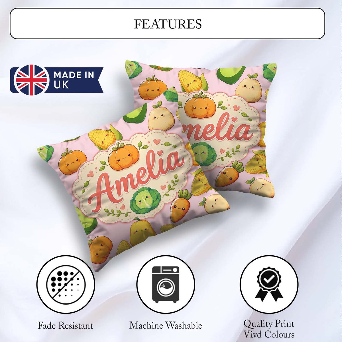 Custom Name Cute Kawaii Autumn Corn Pumpkin Carrot Pink Seamless Square Filled Cushion Throw Pillow Sofa Bed Home Decor Zip Washable UK Made