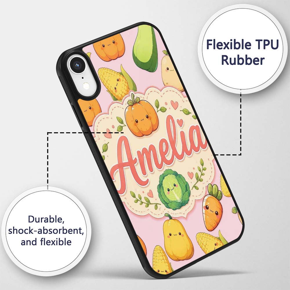 Cute Kawaii Autumn Vegetables Corn Pumpkin Carrot Custom Name Protective Phone Case Mobile Cover Durable Everyday Smartphone Shock Resistant