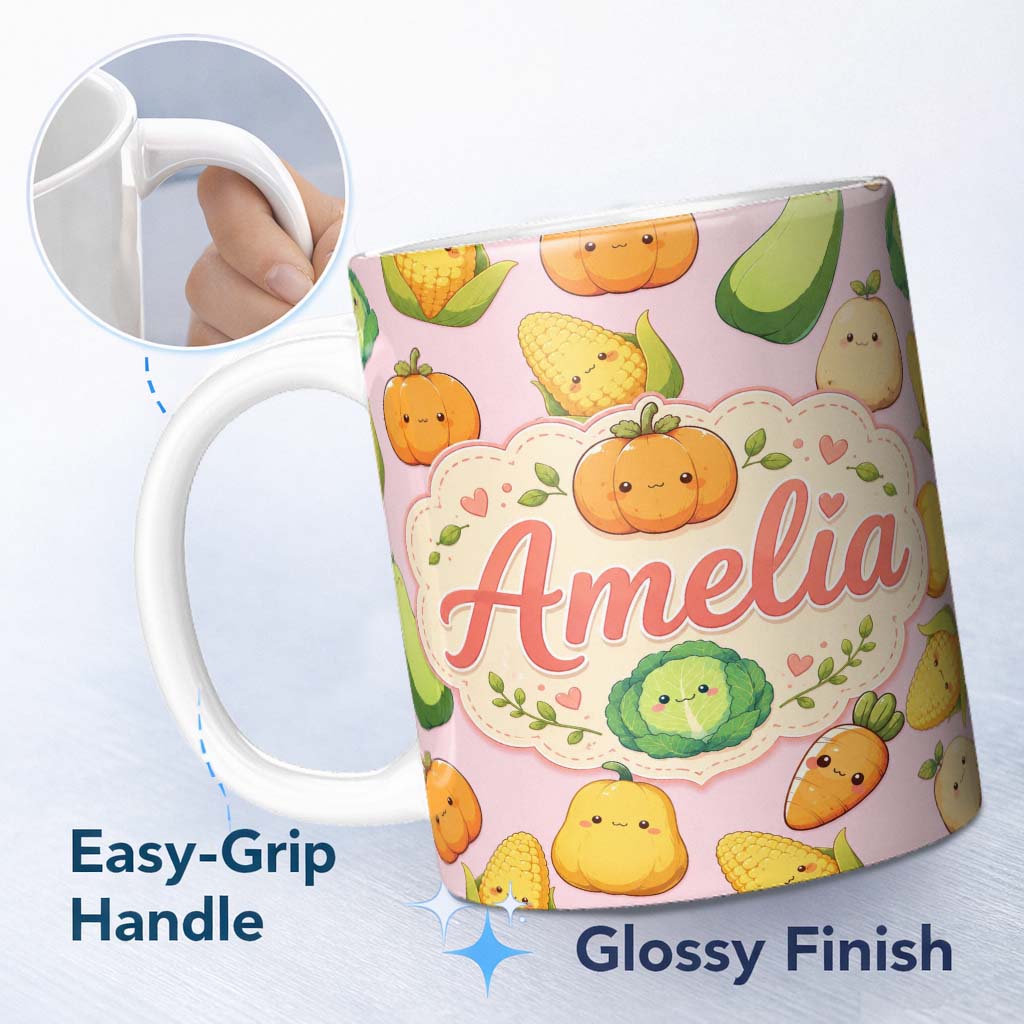 Personalized Custom Name Cute Kawaii Autumn Vegetables Corn Pumpkin Carrot Pink Seamless 11oz Ceramic Coffee Tea Mug White Large Handle