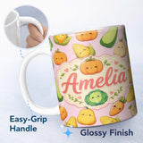 Personalized Custom Name Cute Kawaii Autumn Vegetables Corn Pumpkin Carrot Pink Seamless 11oz Ceramic Coffee Tea Mug White Large Handle