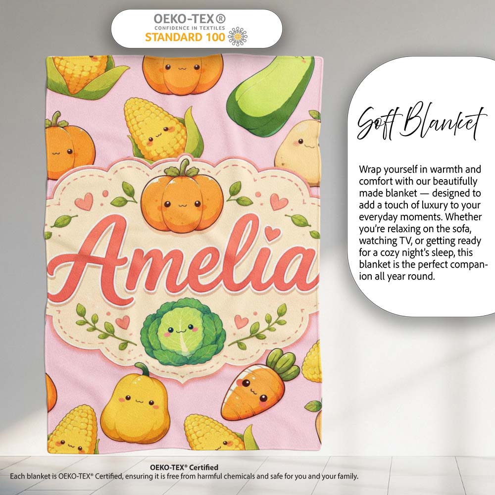 Cute Kawaii Autumn Vegetables Corn Pumpkin Carrot Pink Seamless  Personalised Custom Name Super Soft Fleece Blanket Bed Sofa Throw